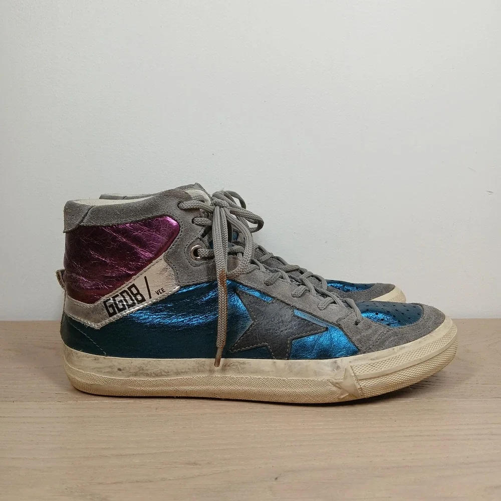 Golden Goose 2.12 Sneakers Womens 8 Metallic Blue Gray Suede High Top Glam Rock